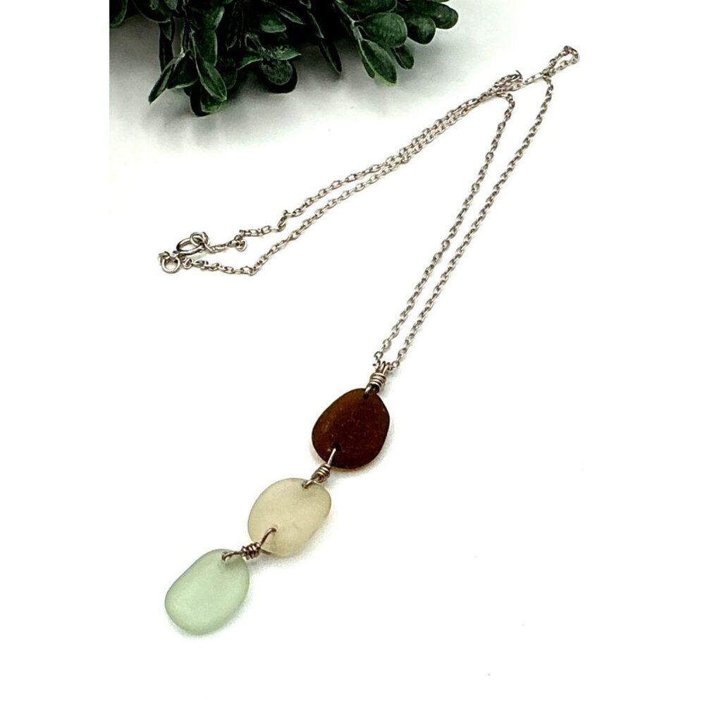 Sea Glass Necklace With Brown White & Green Stones On Silver Chain